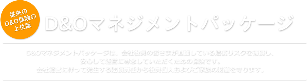 賠償リスクを補償！D&Oマネジメントパッケージ（経営責任総合補償特約条項付帯 会社役員賠償責任保険）D&Oマネジメントパッケージは、会社役員の皆さまが直面している賠償リスクを補償し、安心して経営に専念していただくための保険です。